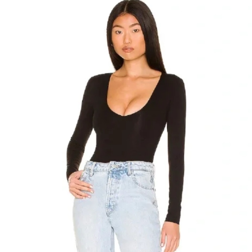 ALL THE WAYS deep v neck black long sleeve thong bodysuit